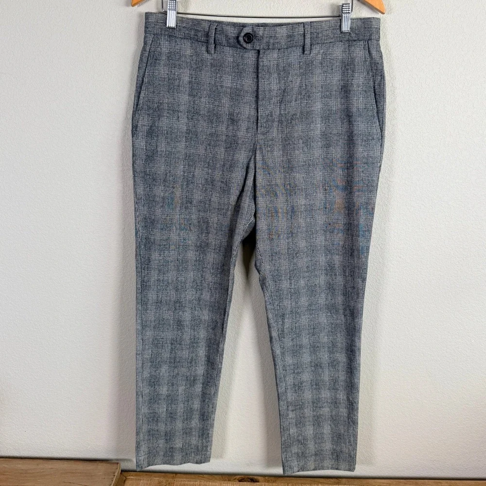 Banana Republic Slim Tapered Dress Pants Men Actual 33x27 Gray Plaid Stretch‎